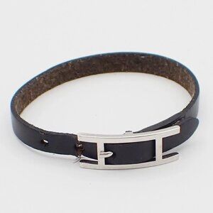 HERMES Logo Hapi 3 Chorker Bracelet Leather Black Silver 09KA836